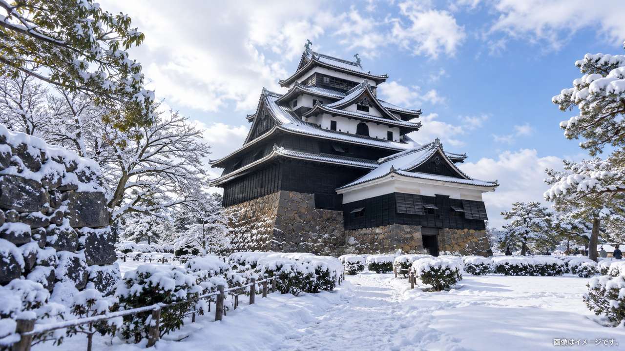 雪化粧した松江城と白く積もった城内の道を冬空の下で広く捉えた風景