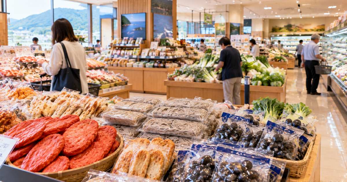 島根の地域スーパーで生鮮品や惣菜を見比べる買い物風景