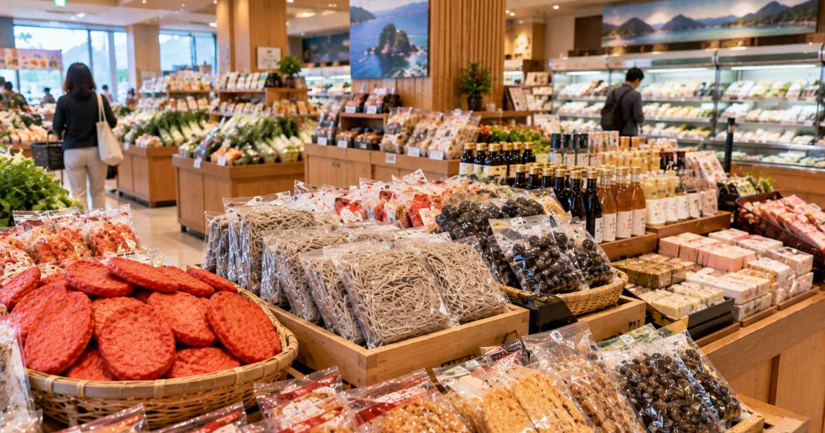 島根のご当地スーパーの売り場で赤てんや出雲そばなど地域商品を選ぶ旅行者の買い物風景