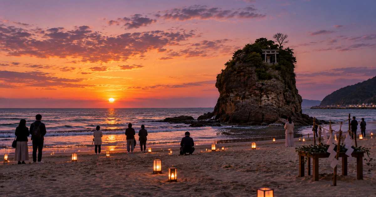 夕暮れの稲佐の浜で神迎えの灯火がともり、神在祭の始まりを感じさせる風景