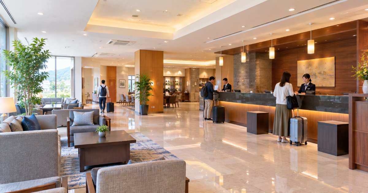 益田市のビジネスホテルをイメージした清潔感のある外観とエントランス