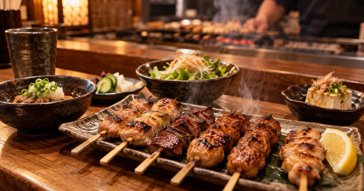 木目調の個室テーブルに焼き鳥と釜飯が並ぶ、出雲での居酒屋利用をイメージした食事風景