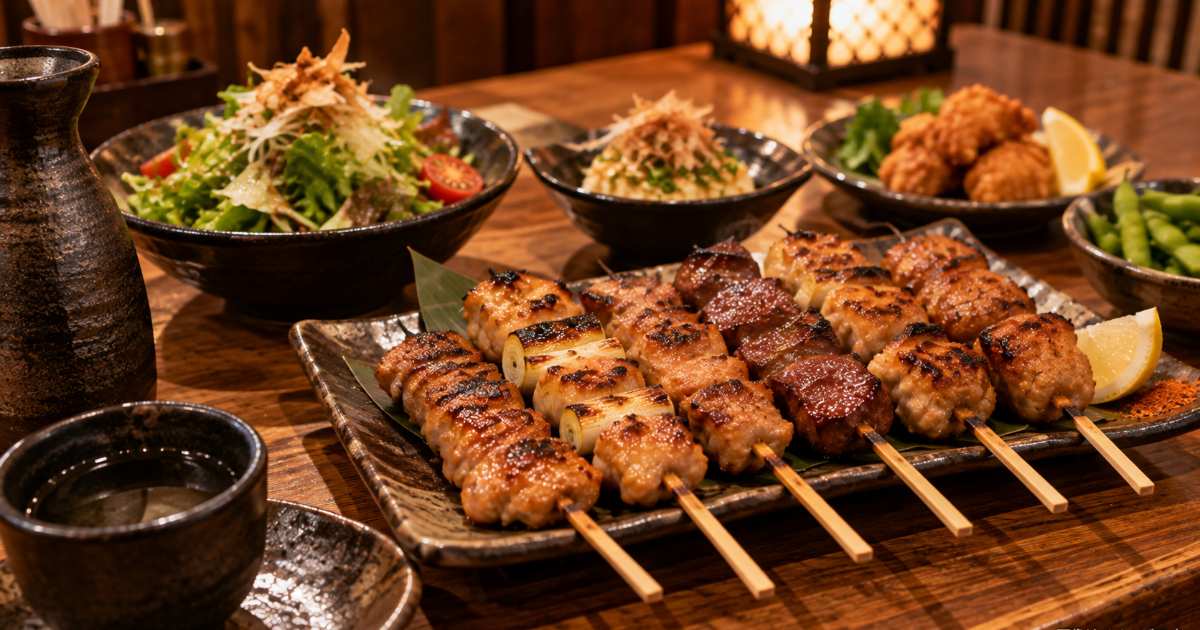 炭火焼きの串盛りとサラダ、一品料理を囲む食卓