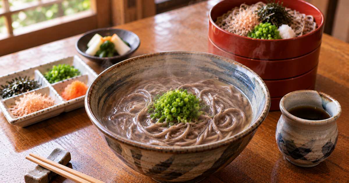 三段に重ねた割子そばへ薬味とつゆを加える食卓