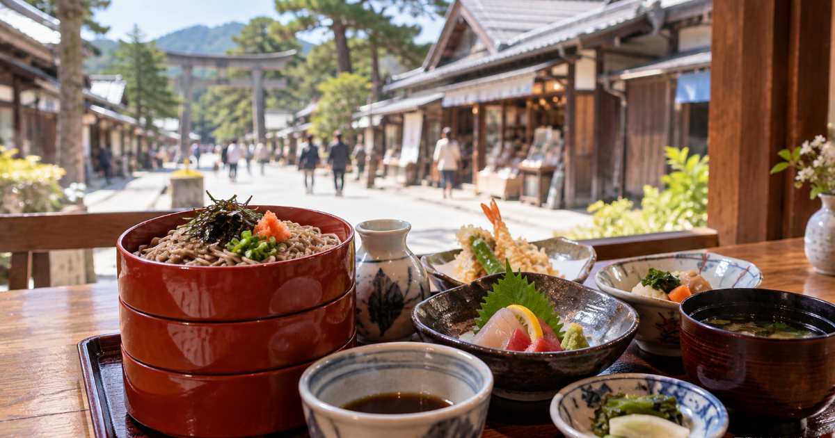出雲そばとしじみ汁、赤てんなど島根の郷土料理が木の卓上に並ぶ食卓