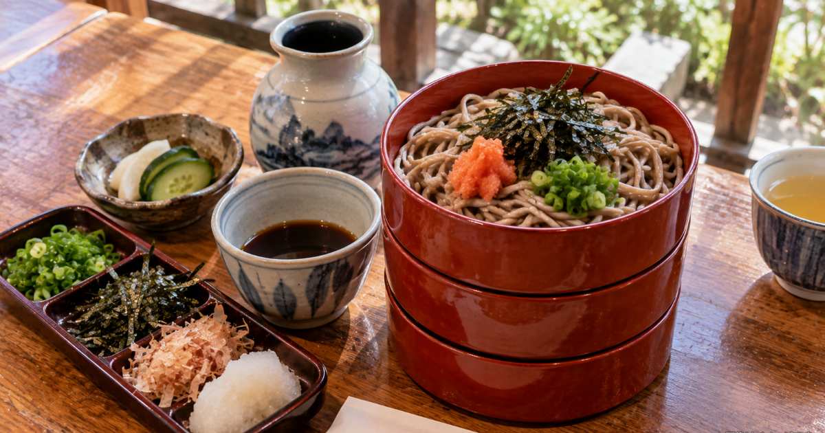 三段の朱塗りの割子に盛られた出雲そばと薬味