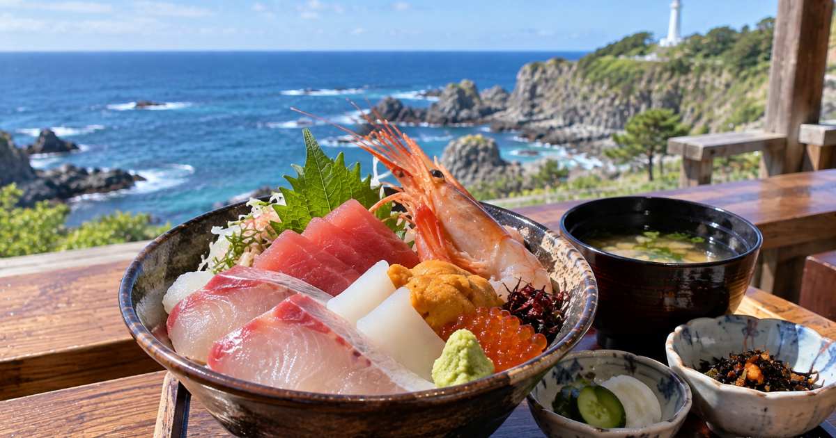 日御碕の海と白い灯台を背景に、ウニや旬魚を盛った海鮮丼を手前に置いた食卓風景