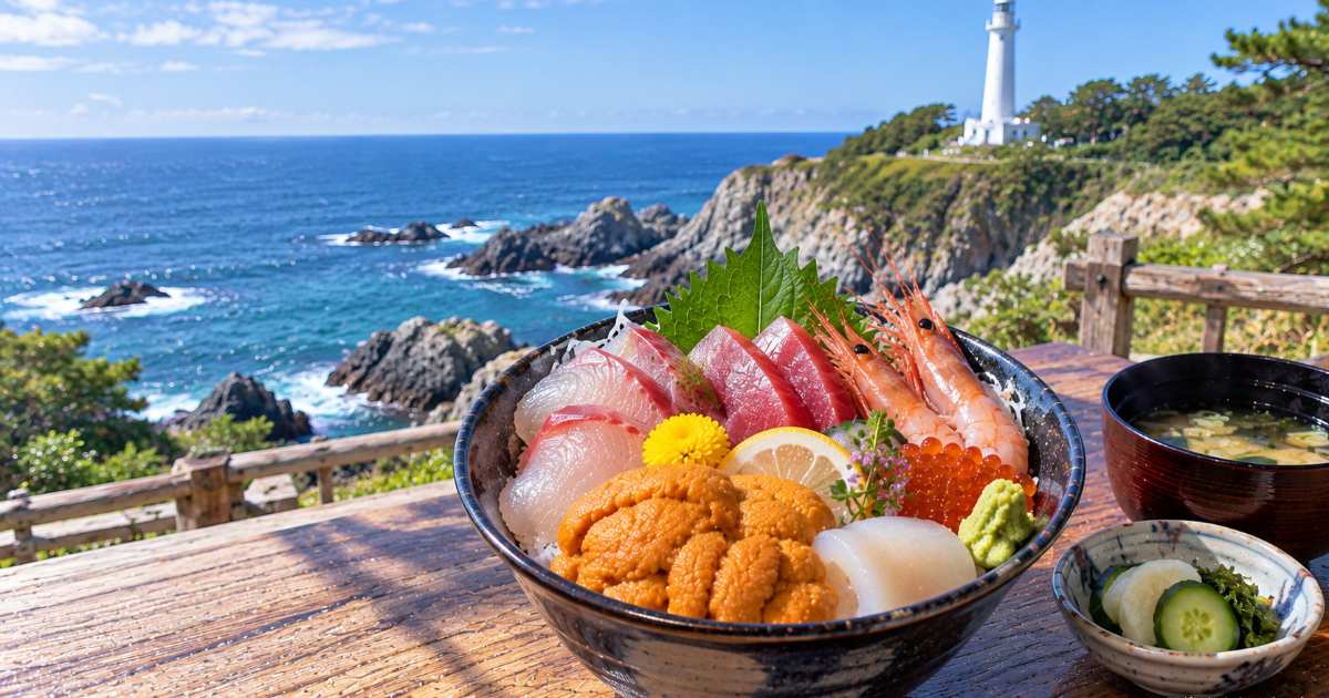 日本海を背景に新鮮な地魚やウニを盛った日御碕の海鮮丼を手前に置いた構図