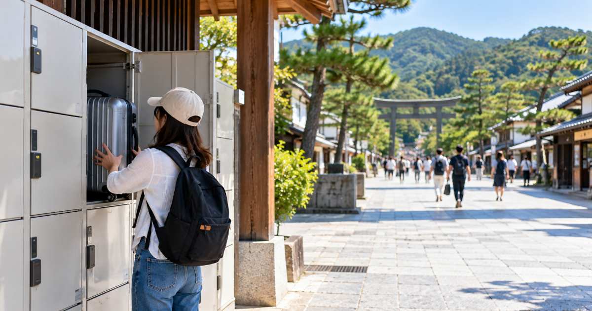出雲大社前駅周辺を背景に旅行用スーツケースとコインロッカーを配置した構図