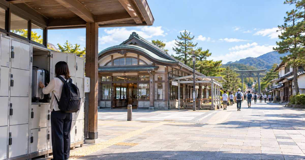 出雲大社の参道入口を背景に旅行用スーツケースとコインロッカーを手前へ配置した構図