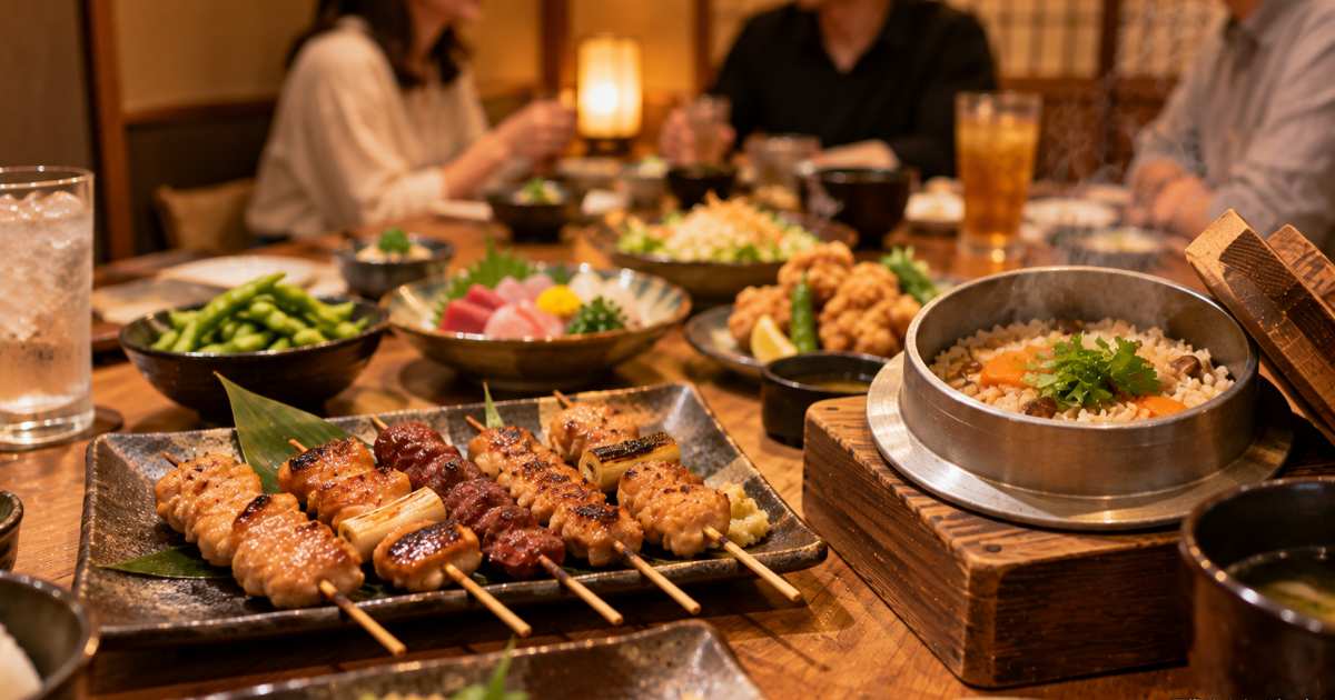 炭火で焼き上げた焼き鳥の盛り合わせと小皿料理が並ぶ和風カウンター席