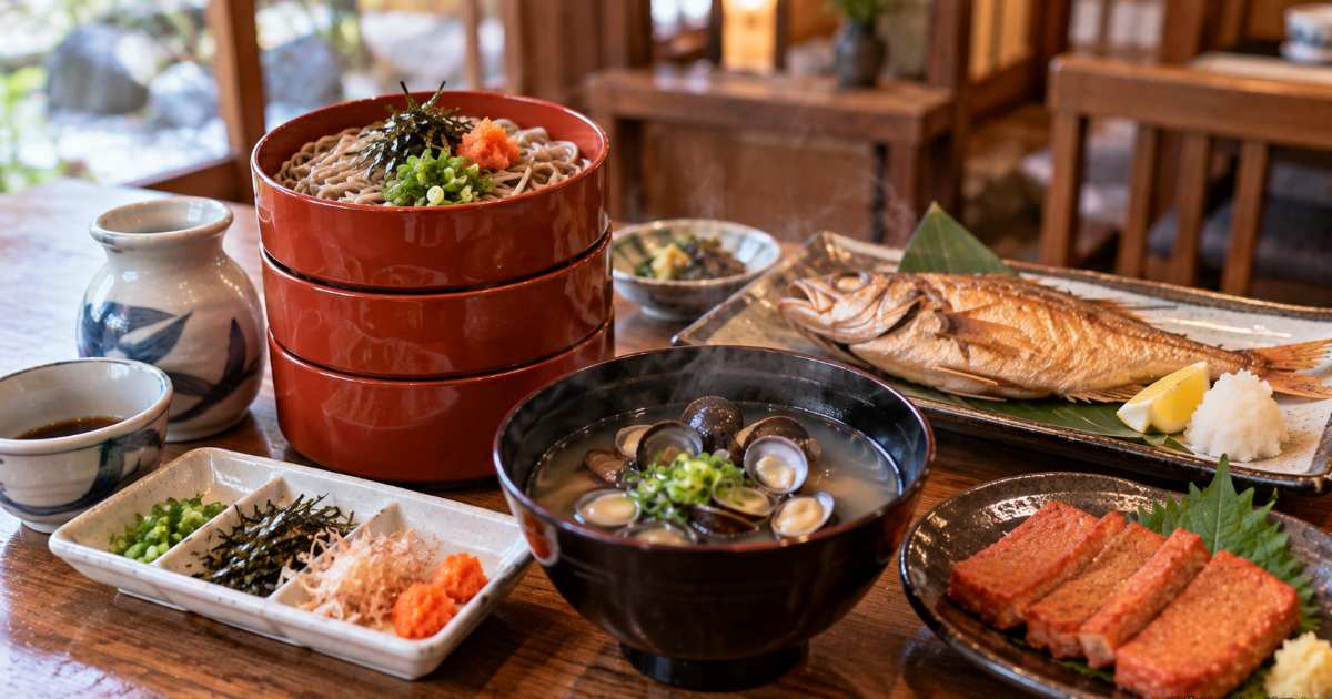 割子そばと赤てん、しじみ汁など島根の定番料理を並べた食卓