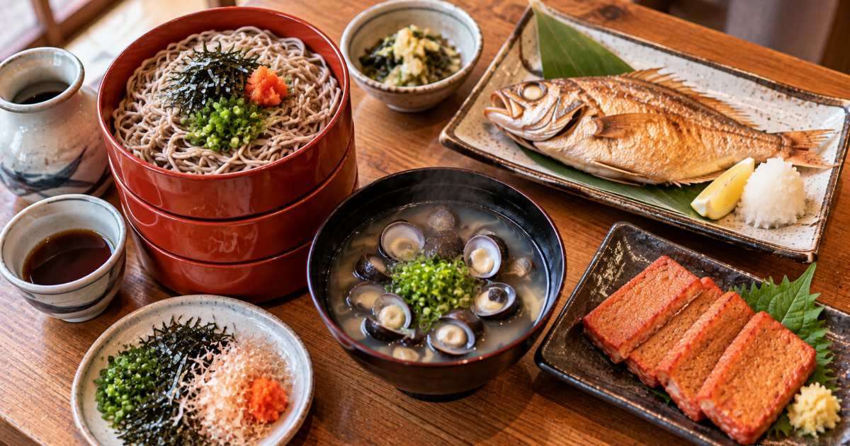 朱塗りの割子そば三段と薬味が並ぶ出雲大社周辺の昼食