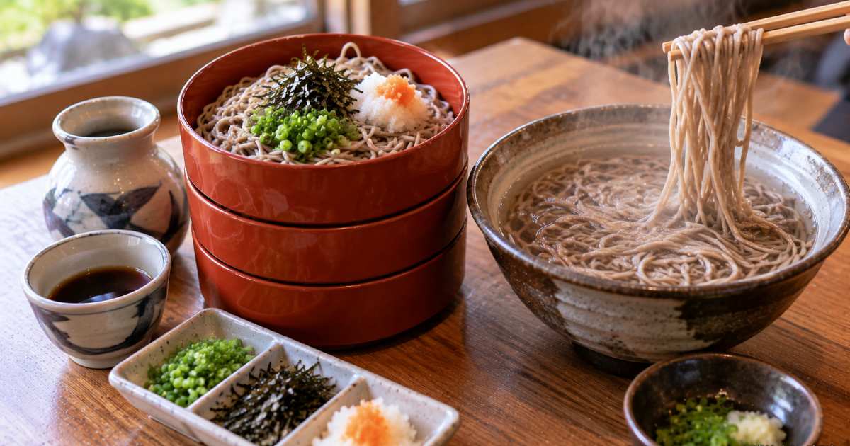 三段の割子そばと温かい釜揚げそばを並べて出雲そばの食べ方を表した食卓