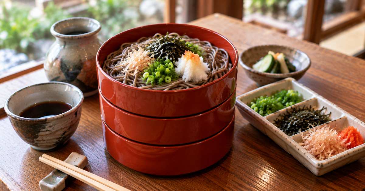 出雲そば、赤てん、しじみ汁など島根の郷土の味を食卓に並べた構図