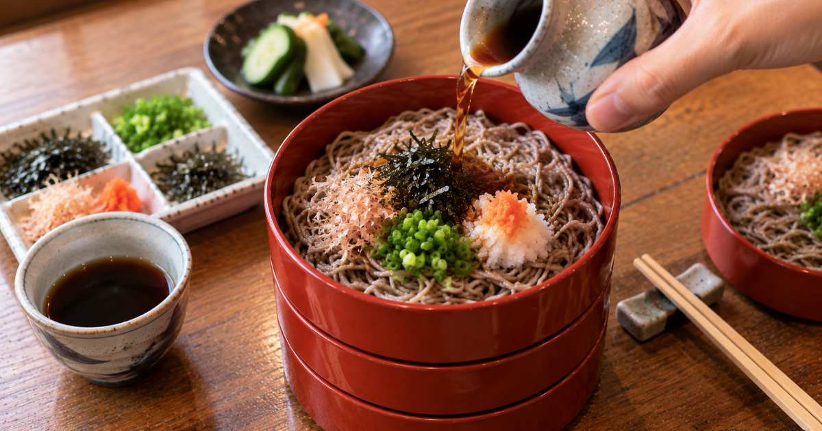 出雲らしい和の食卓で湯気の立つ釜揚げそばと割子そばを並べた構図