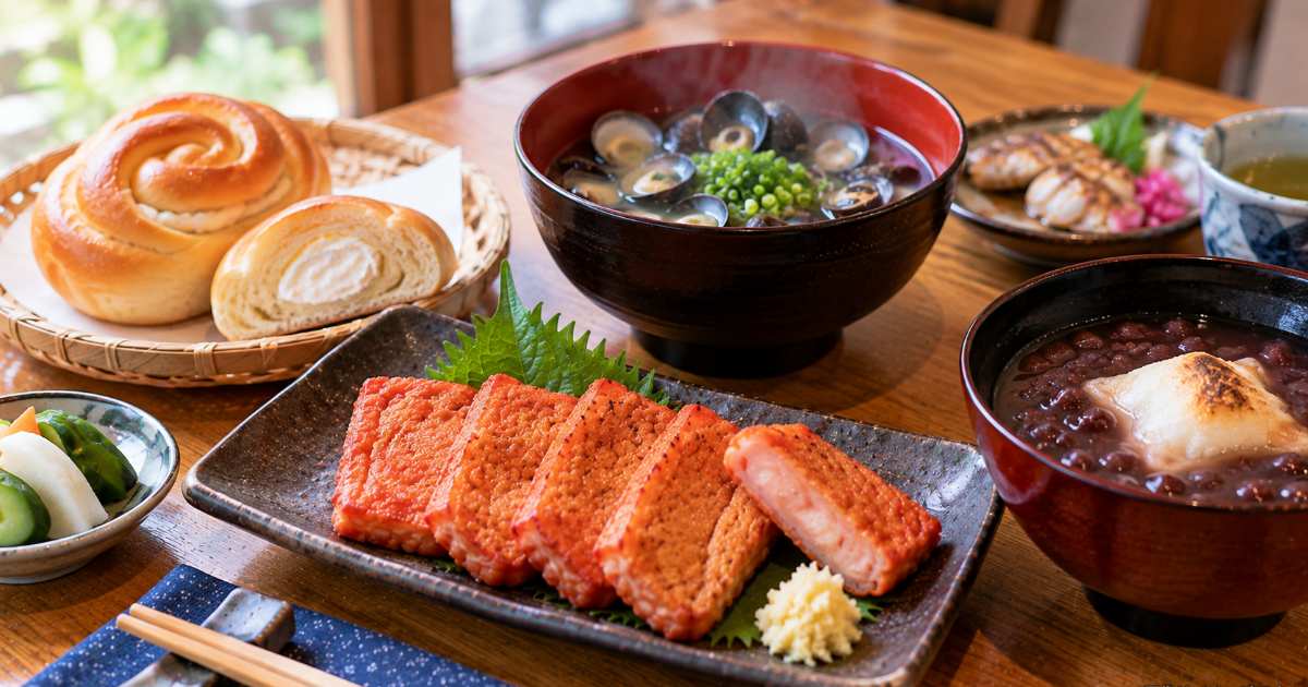 出雲そばとしじみ汁、のどぐろ、赤てんが並ぶ島根の郷土料理の食卓