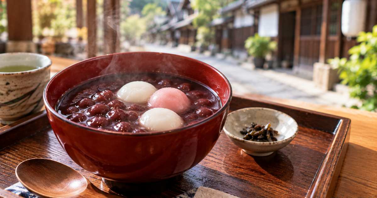 紅白の白玉が入った出雲ぜんざいと小豆や餅を和の卓上に並べた構図
