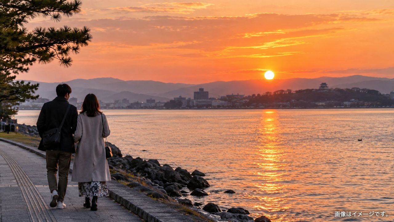 夕日に染まる宍道湖と嫁ヶ島を湖畔から望む風景