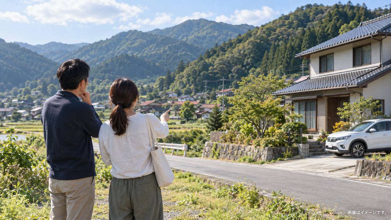 島根の山あいの住宅地を前に移住後の暮らしを話し合う二人