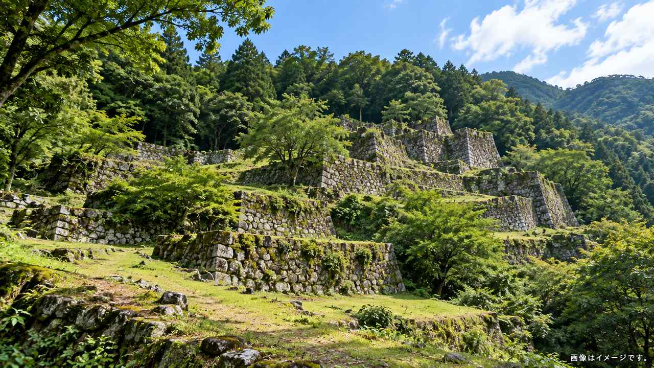緑に包まれた段状の石垣が残る公開産業遺構の全景