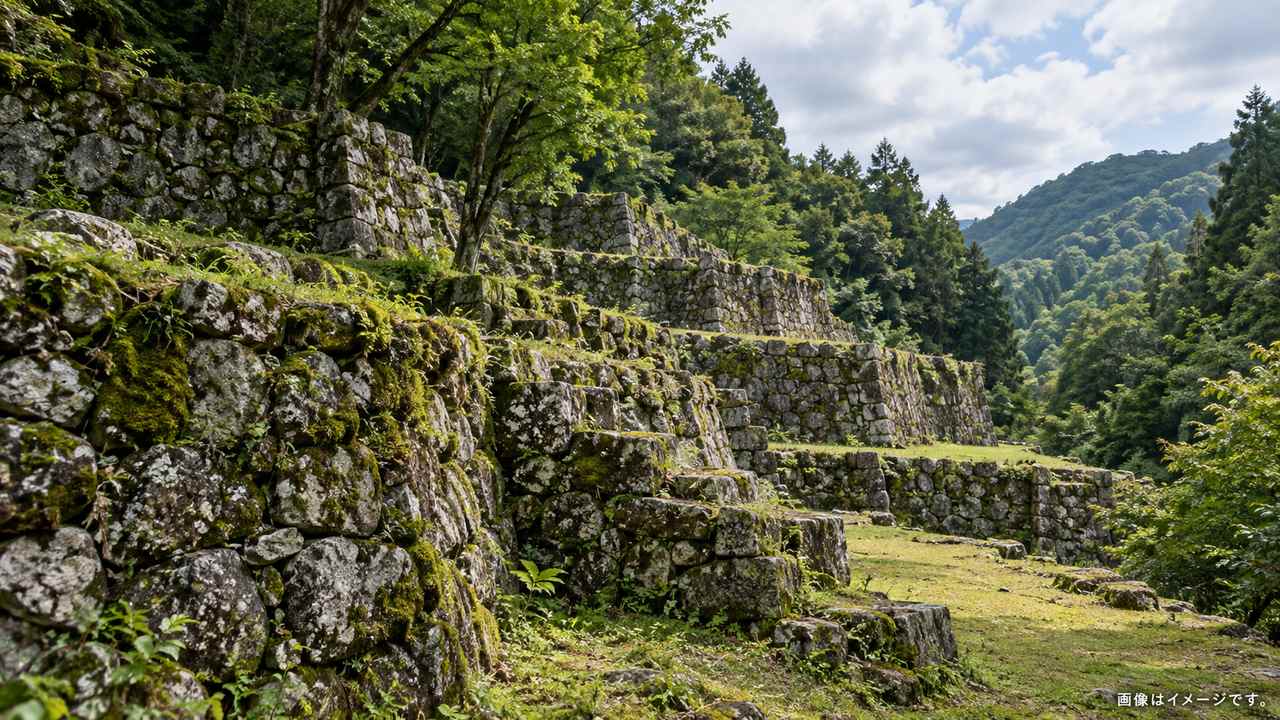 島根の神話と都市伝説を象徴する黄泉比良坂の木立と大岩を望む風景